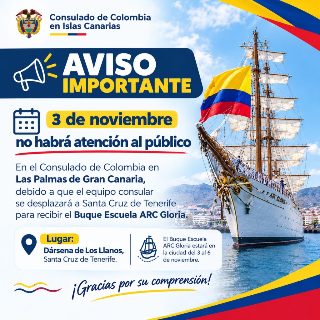Aviso: el Consulado de Colombia en Las Palmas no atiende al público el 3 de noviembre de 2026