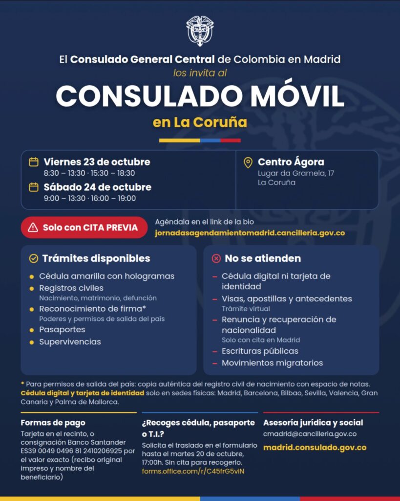 Consulado móvil de Colombia en La Coruña, 23 y 24 de octubre de 2026